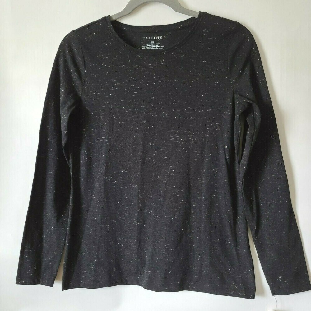 Talbots Long Sleeve Cotton Blend T Shirt Size XS Black with Sparkly Threads NWT
